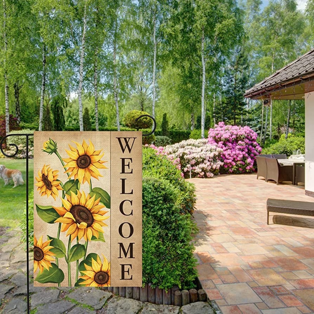 ~🌻Welcome Spring Summer Burlap Garden Flag Sunflower~